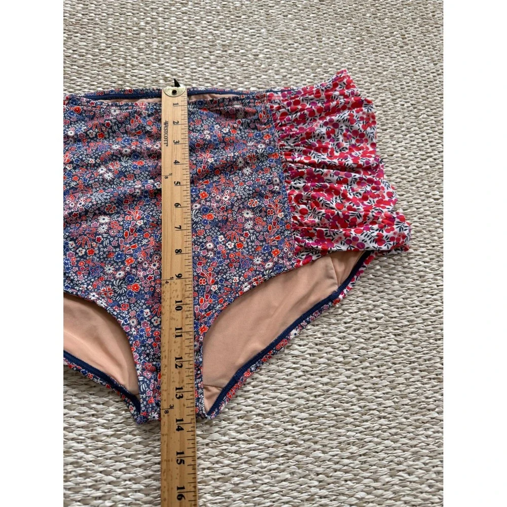 J.Crew Mixed Floral Ruched High Waisted Bikini Bottom XL Red Blue Swimwear boho‎